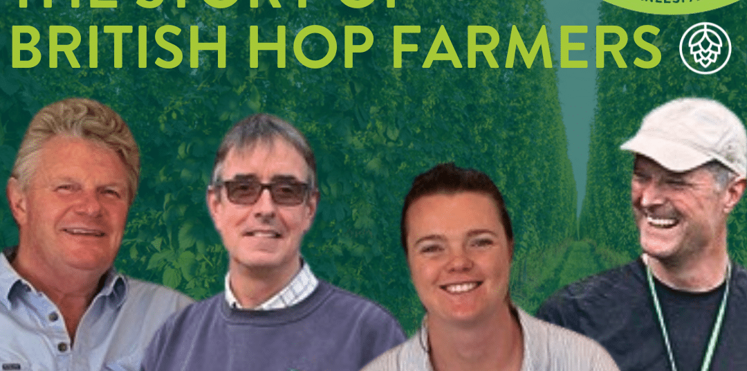 This image shows 4 farmers, in the following order Bill Bidell, Richard Capper, Molly Bidell and Tom Probert. Each farmer is shown on a background of hops, the Spreading Hoppiness logo is located in the top right hand corner. At the top of the image is written the words 'Hops, Heritage and Harvest - The Story of British Hop Farmers'