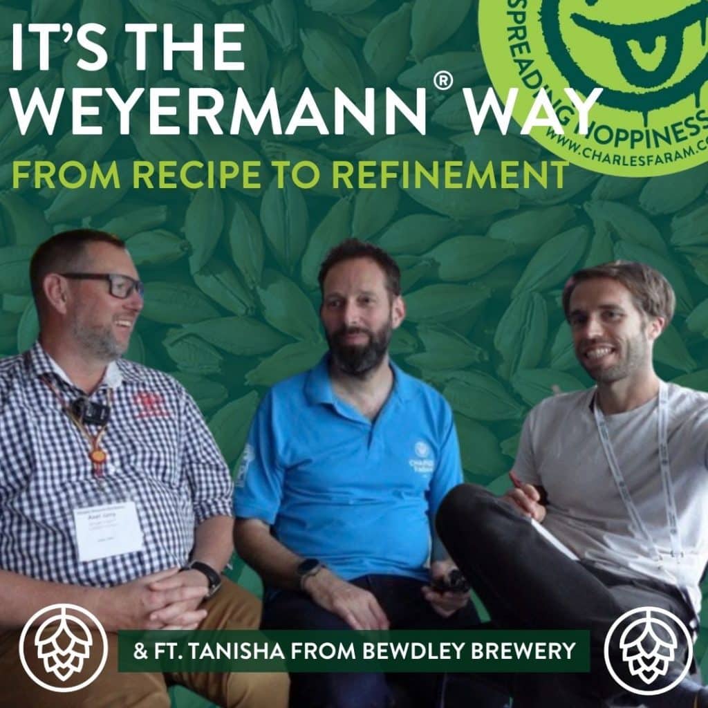 Three man sat talking to each other, with a background of malt behind them. Within this image features the words 'It's the Weyermann Way: From Recipe to Refinement'