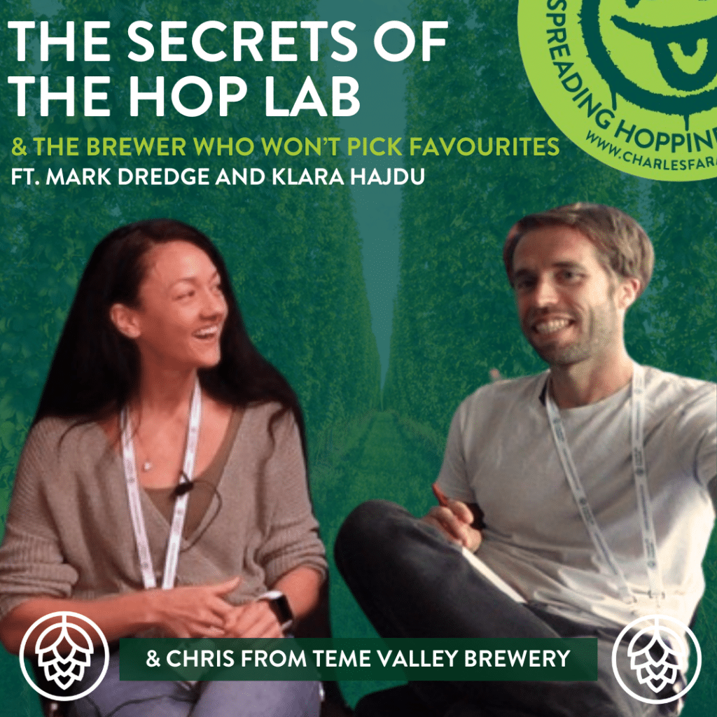 This image contains two people talking to each other, on the left is Klara Hadju, hop breeder at Wye hops, and on the right Reer Writer Mark Dredge. Behind them is a dark green background of a hop yard, with the words 'Hop Breeding 101: From Seedling to Success' written above