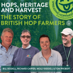 This image shows 4 farmers, in the following order Bill Bidell, Richard Capper, Molly Bidell and Tom Probert. Each farmer is shown on a background of hops, the Spreading Hoppiness logo is located in the top right hand corner. At the top of the image is written the words 'Hops, Heritage and Harvest - The Story of British Hop Farmers'. Podcast is mentioned in the APPBG report article.