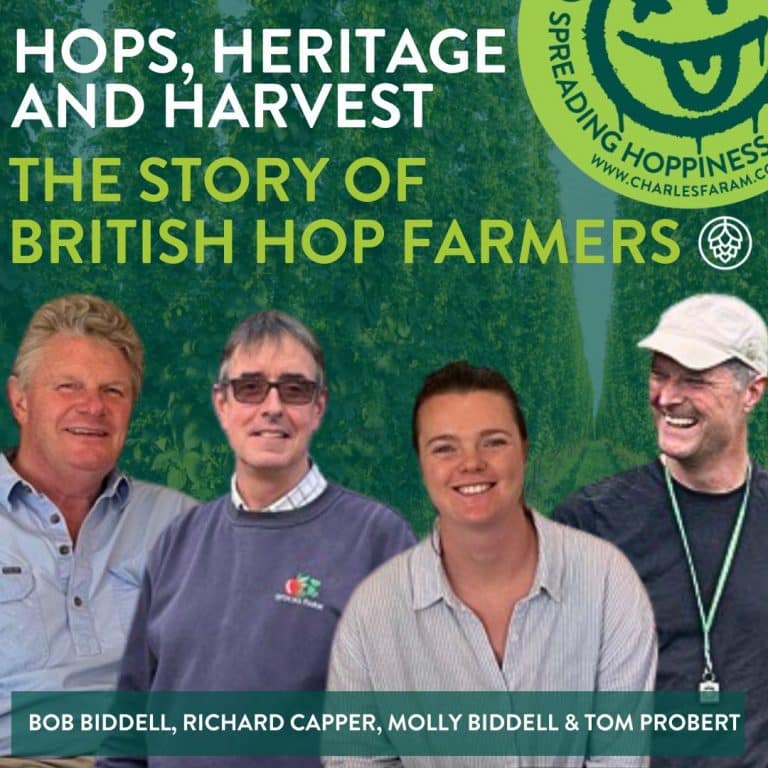 This image shows 4 farmers, in the following order Bob Bidell, Richard Capper, Molly Bidell and Tom Probert. Each farmer is shown on a background of hops, the the Spreading Hoppiness logo is located in the top right hand corner. At the top of the image is written the words 'Hops, Heritage and Harvest - The Story of British Hop Farmers'