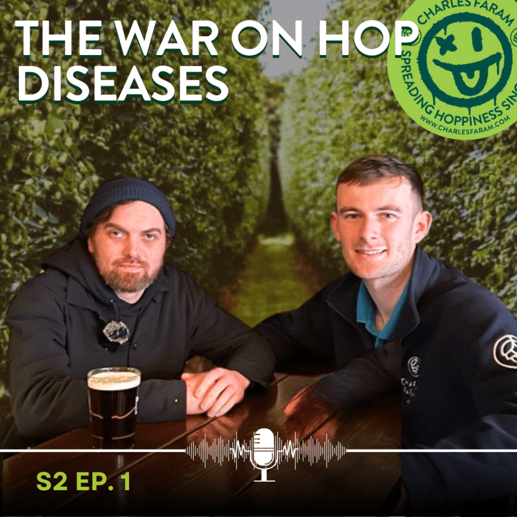 This image featuring two men, Rhys Pillai from Beer Riff and Patrick Whittle from Charles Faram sat next to each other. With words displayed 'The War on Hop Diseases'