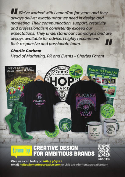 This image contains an advert from LemonTop Creative, a design agency that has worked with Charles Faram for over a decade