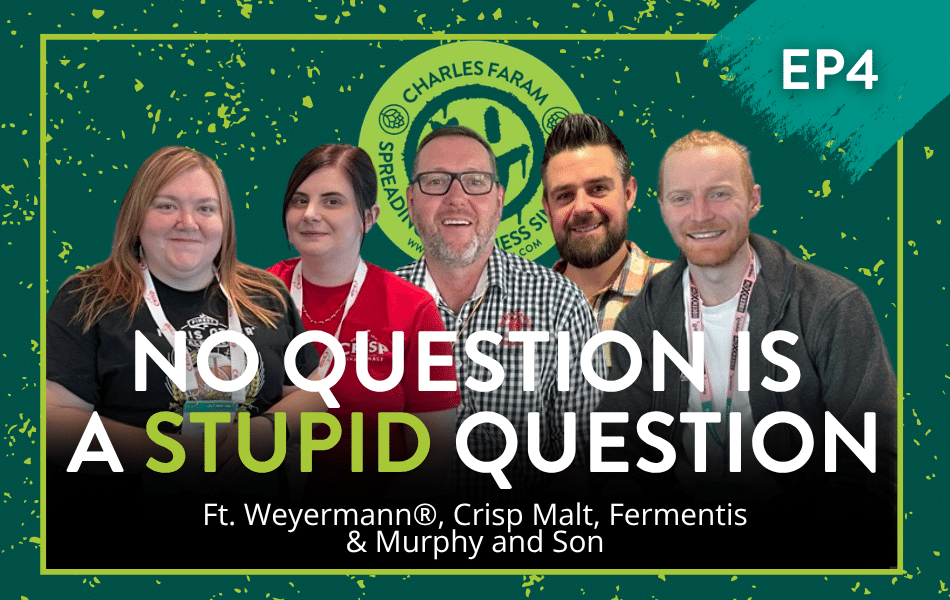 This graphic features a advertisement for episode 4 of the spreading hoppiness podcast, it features a range of Charles Faram's supplier partners faces on a green background with a qr code to scan and the words new episode -listen today