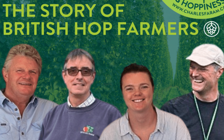 This image shows 4 farmers, in the following order Bill Bidell, Richard Capper, Molly Bidell and Tom Probert. Each farmer is shown on a background of hops, the Spreading Hoppiness logo is located in the top right hand corner. At the top of the image is written the words 'Hops, Heritage and Harvest - The Story of British Hop Farmers'. Podcast is mentioned in the APPBG report article.
