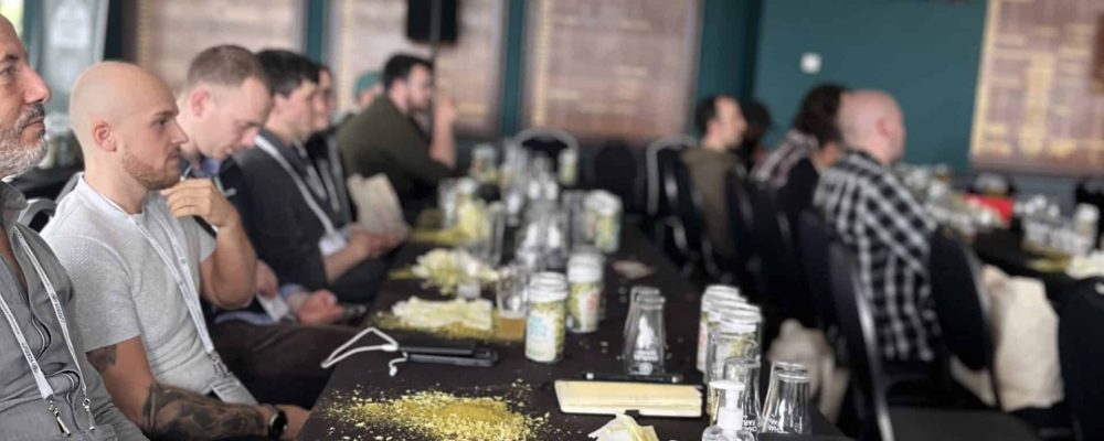 Brewery Resource Roadshow 2024 This image shows the 2024 Brewery Resource Roadshow. The image features a row of people sat behind black tables, with a pile of hops in front of each person
